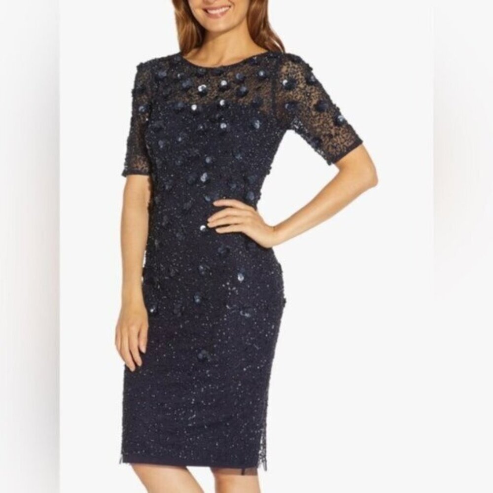 NWT Anthropologie BHLDN Adrianna Papell Petaluma Floral Sequin Dress Navy Blue